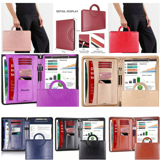 Zippered Leather Padfolio Portfolio With [Hidden Handle] And [Clipboard], Business Conference Portfolio Organizer Notepad Folder, Portfolio Bag, Portfolio Padfolio For Women/Men