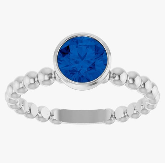 COCOMONEY 14k White Gold Bezel-Set Blue Sapphire Family Stackable Beaded Fashion Ring Fine Jewelry For Women Gifts For Her, Size 7