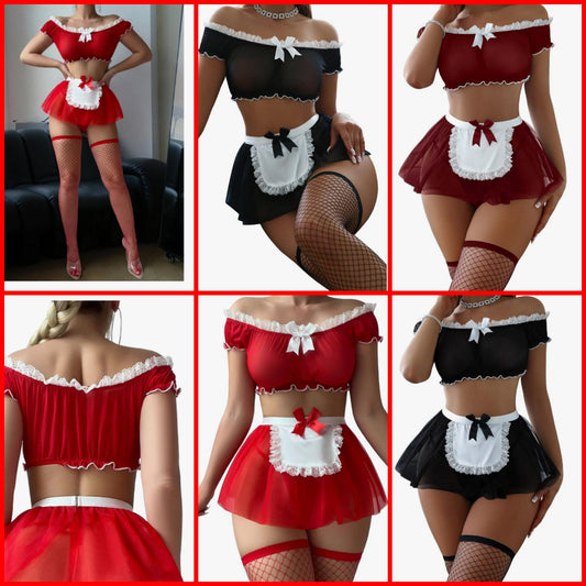 Sexy Stockings Mini Skirt Mesh Sheer Lace Cosplay Costume Outfit Lingerie with Thong Set 4 Piece Cocomoney