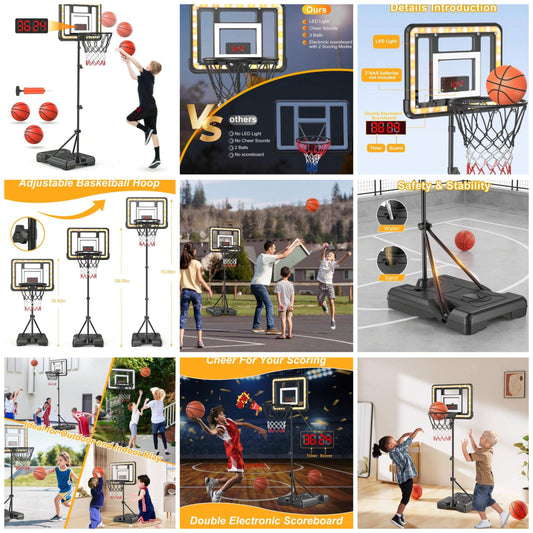 Kids Indoor Basketball Hoop With Scoreboard & Timer,Toddler Adjustable Height 3ft-5.8ft Basketball Hoop With Stand Goal Toy For Outdoor Backyard,