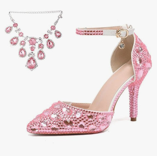 Womens Rhinestone Wedding Shoes Party Pumps with Ankle Chains