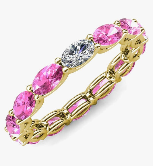 COCOMONEY Oval Lab Grown Diamond & Pink Sapphire 4-3/8 ctw in gorgeous drape like basket setting eternity stackable ring 14K Gold