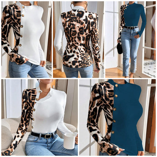 Leopard Print Patchwork Single-Breasted Long Sleeve Fitted T-Shirt Graphic Cheetah Print Tees Women Tops For Spring Outfit COCOMONEY