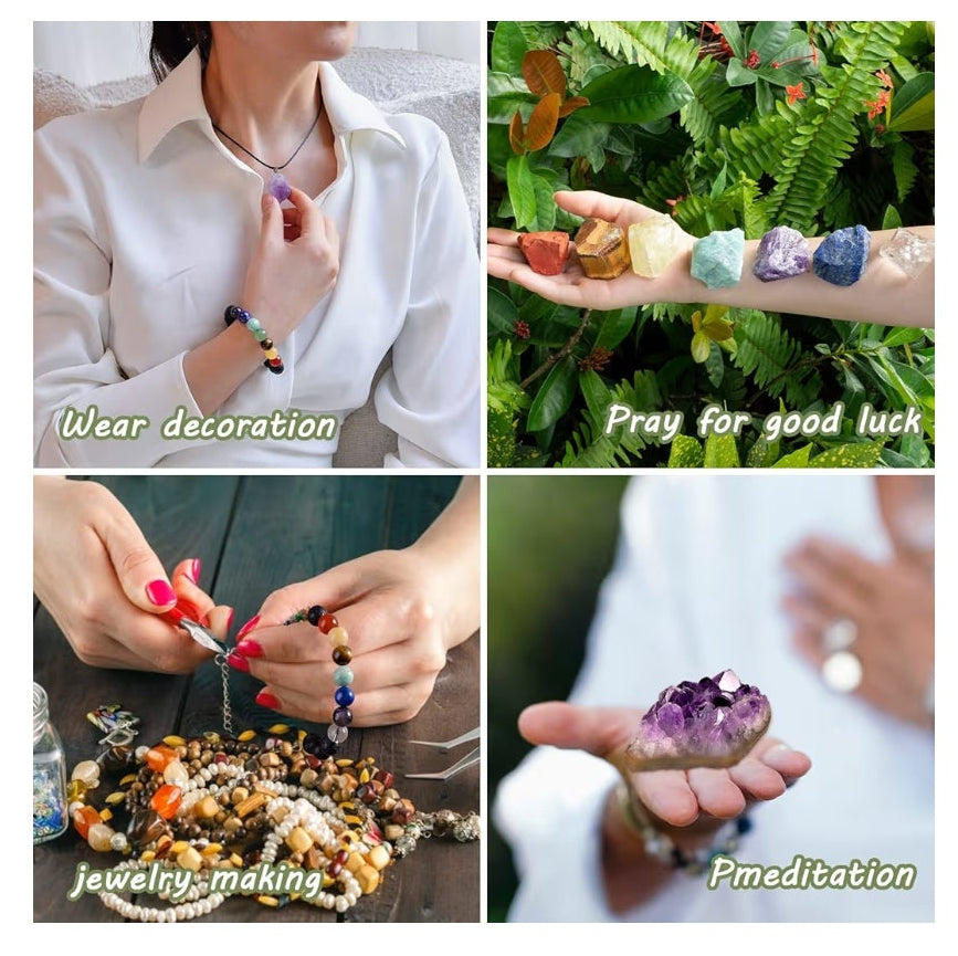 26 PCS Crystals and Healing Stones, Healing Crystals Gift Set, 7 Raw Chakra Stone, 7 Tumbled Gemstones, Crystal Amethyst Necklace, Selenite Plate, Lava Bracelet, Clear Quartz, Gift Box