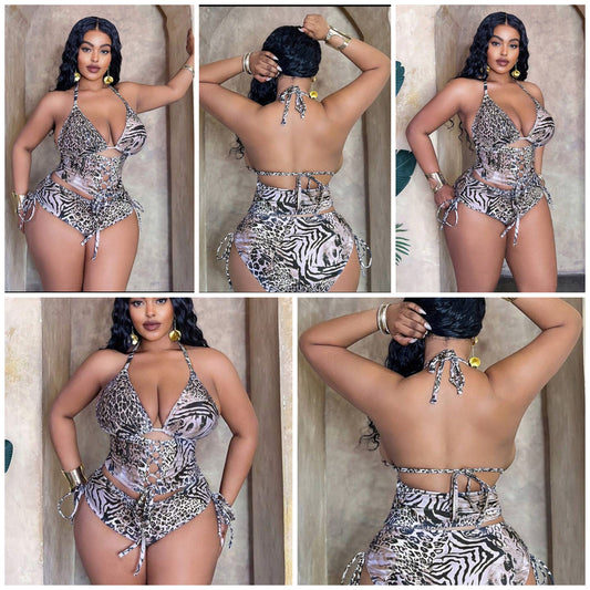 Plus Size Women 2pcs/Set Leopard Print Hollow-Out Cross-Tied Bralette Tankini Swimwear Set COCOMONEY