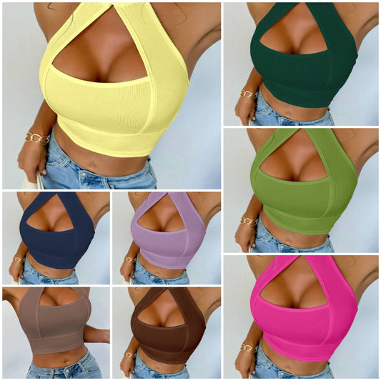 Sexy Solid Color Hollow-Out Halter Crop Top COCOMONEY