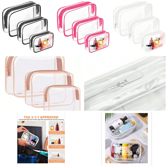 3-Pieces Waterproof Clear Makeup Bag Summer Holiday Essentials,Travel Essentials - Lightweight, Versatile Travel Zipper Bag For Women's Toiletries And Accessories For Travel Storage Bag,Makeup Bag,Beach Bag,Cosmetic Bag,Vacation Organizer,Large Capacity
