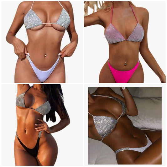 Women 2 Piece Shiny Diamond Crystal Bathing Suit Bikini Sexy Push Up Swimwear for Party Rave Clubwear