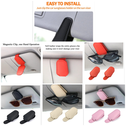 Sunglasses Holders for Car Sun Visor, 2pack Magnetic Leather Glasses Eyeglass Hanger Clip for Car, Visor Sunglasses Holder Clip Car Accessories for Truck