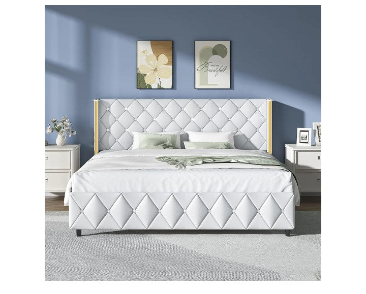 King Size Bed Frame and Headboard, Modern Upholstered Bed Frame with Diamond Tufted Headboard and Silver Wingback, Faux Leather, No Box Spring Needed, Easy Assembly,