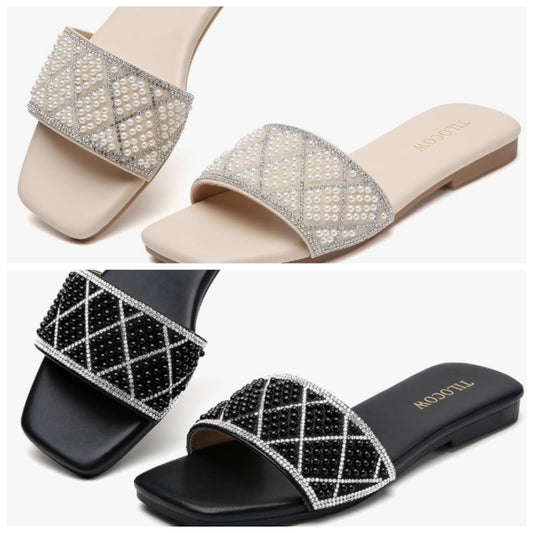 Women Rhinestone Sandals Pearl Decor Slip on Bling Sandals Daily Casual Beach Summer Flat Shoes