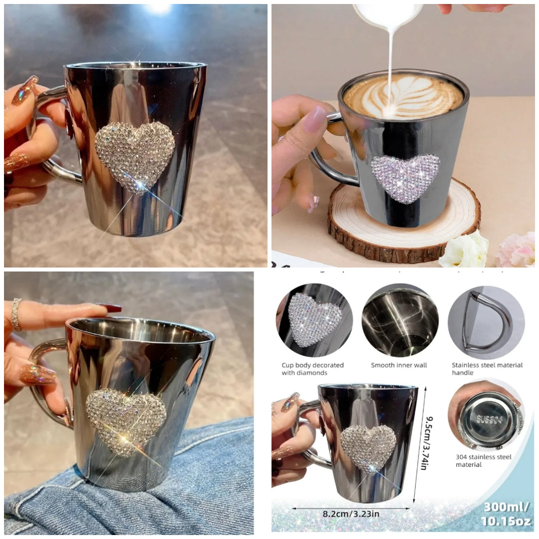 Crystal Rhinestone Stainless Steel Coffee Cup, Mugs with Handle Durable and Reuseable Mug Cup for Water,Iced Coffee,Milk,Tea,Juice