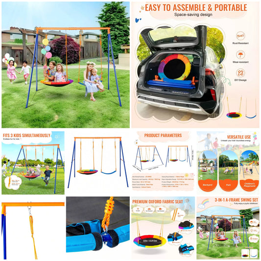 Swing Sets For Backyard, 600lbs/440lbs/200lbs Load Capacity Swing Set, Heavy Duty A-Frame Metal Swing Stand And Adjustable Rope, Swingset Outdoor For Kids ﻿