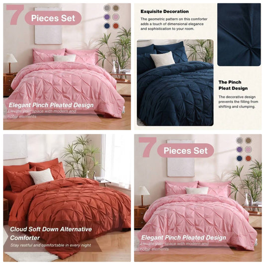 7pcs Bed In A Bag, Pinch Pleat Complete Bedding Sets With Comforter, Flat Sheet, Fitted Sheet And Pillowcases & Shams Queen/King Size