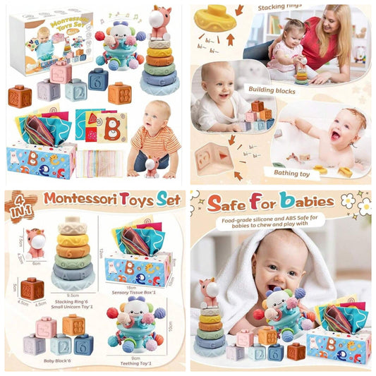 Baby Toy 6 Months - 3 Years, 4 In 1 Montessori Toy Baby, Stacking Tower Baby, Silicone Building Blocks, Sensory Toy, Tissue Box Baby, Birthday Gift For Baby 6 9 12 Months 1 2 3 Years