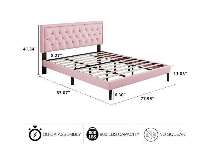 Bed Frame with Linen Button Tufted Headboard, Modern Upholstered Platform Bed, Mattress Foundation, Easy Assembly, No Box Spring Needed,