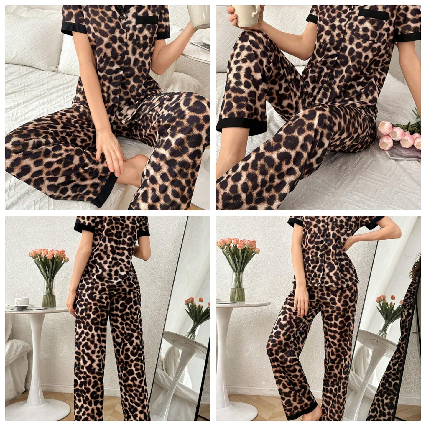 Leopard Print Patchwork Color Block Reversible Collar Short Sleeve & Pants Pajama Set