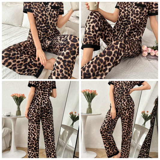 Leopard Print Patchwork Color Block Reversible Collar Short Sleeve & Pants Pajama Set