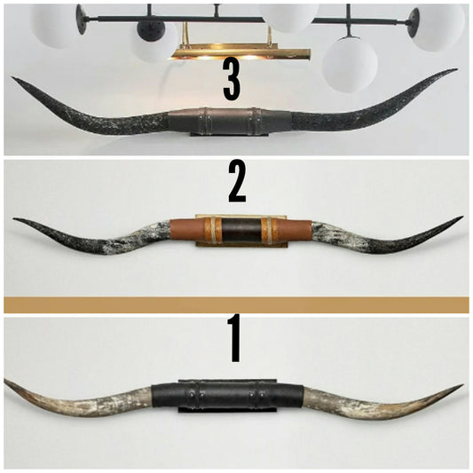 Authentic Real Bull Longhorn/Black Leather Horn Mount - Steer Horns/Unique Wall Hangings and Longhorn Wall Decor