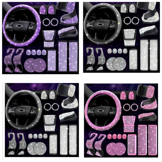 19 Pack Bling Car Accessories for Women Steering Wheel Seat Belt Covers Gear Shift Cover Phone Holder Cup Coasters Cute AUTO Accessories Kit