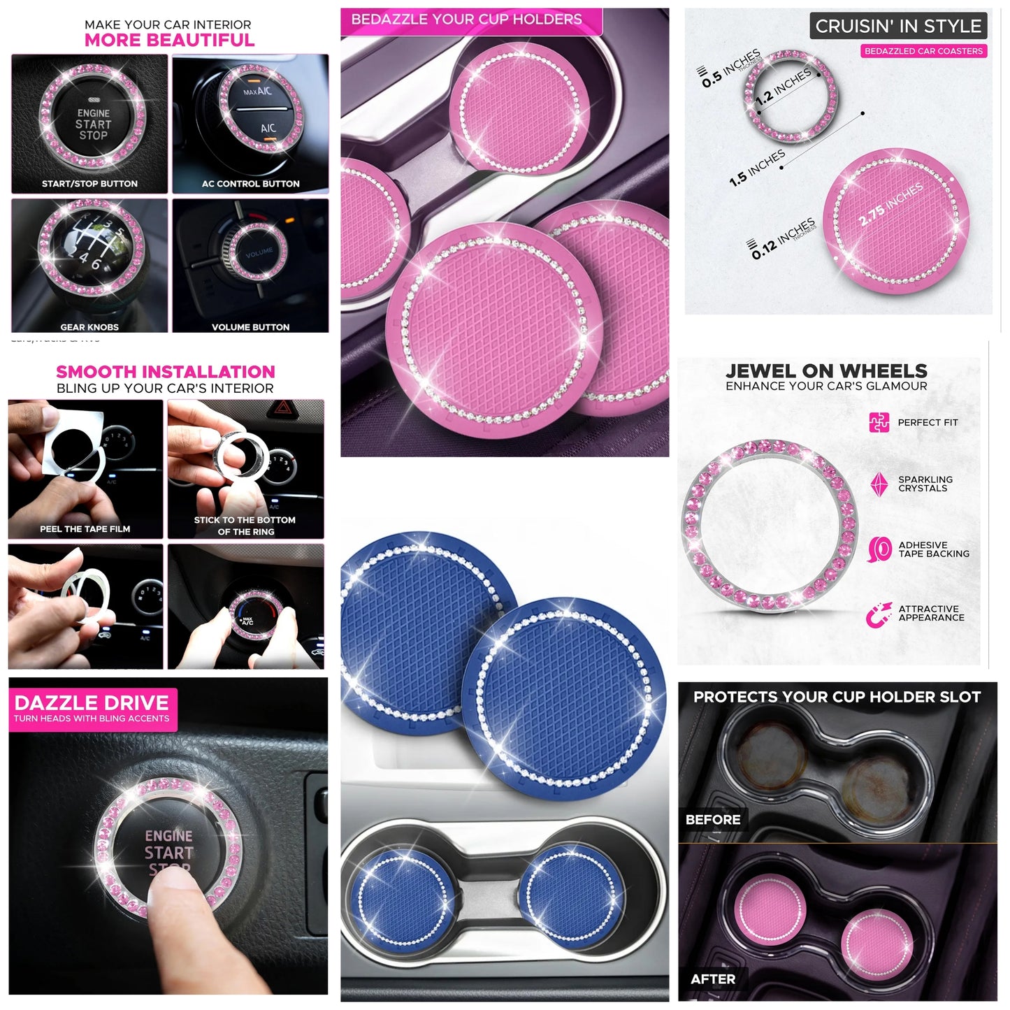 Car Cup Coasters (2 Pack) with Push Start Button Bling Ring (1 Pack) | Pink Car Interior Accessories | Classy and Elegant Pink Crystal Car Decor for Cars,Trucks & RVs