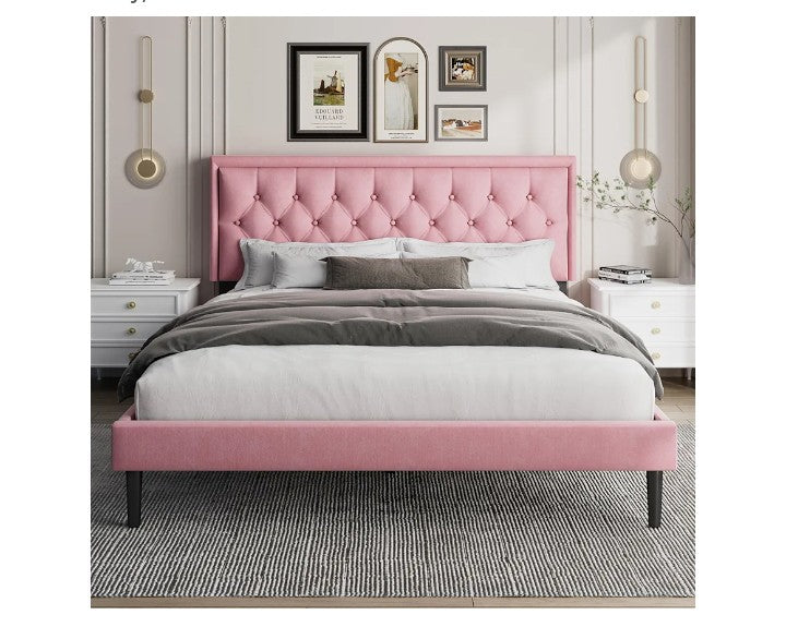 Bed Frame with Linen Button Tufted Headboard, Modern Upholstered Platform Bed, Mattress Foundation, Easy Assembly, No Box Spring Needed,