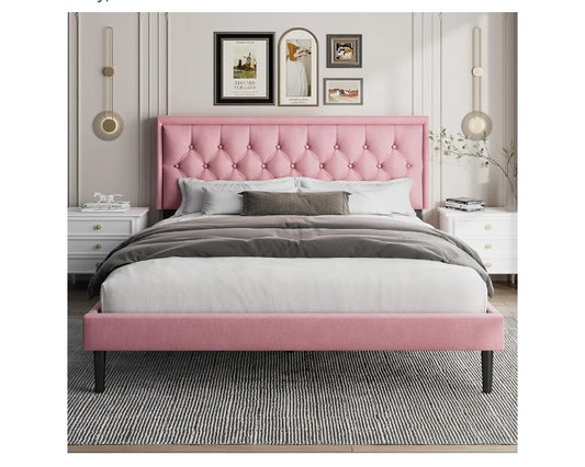 Bed Frame with Linen Button Tufted Headboard, Modern Upholstered Platform Bed, Mattress Foundation, Easy Assembly, No Box Spring Needed,