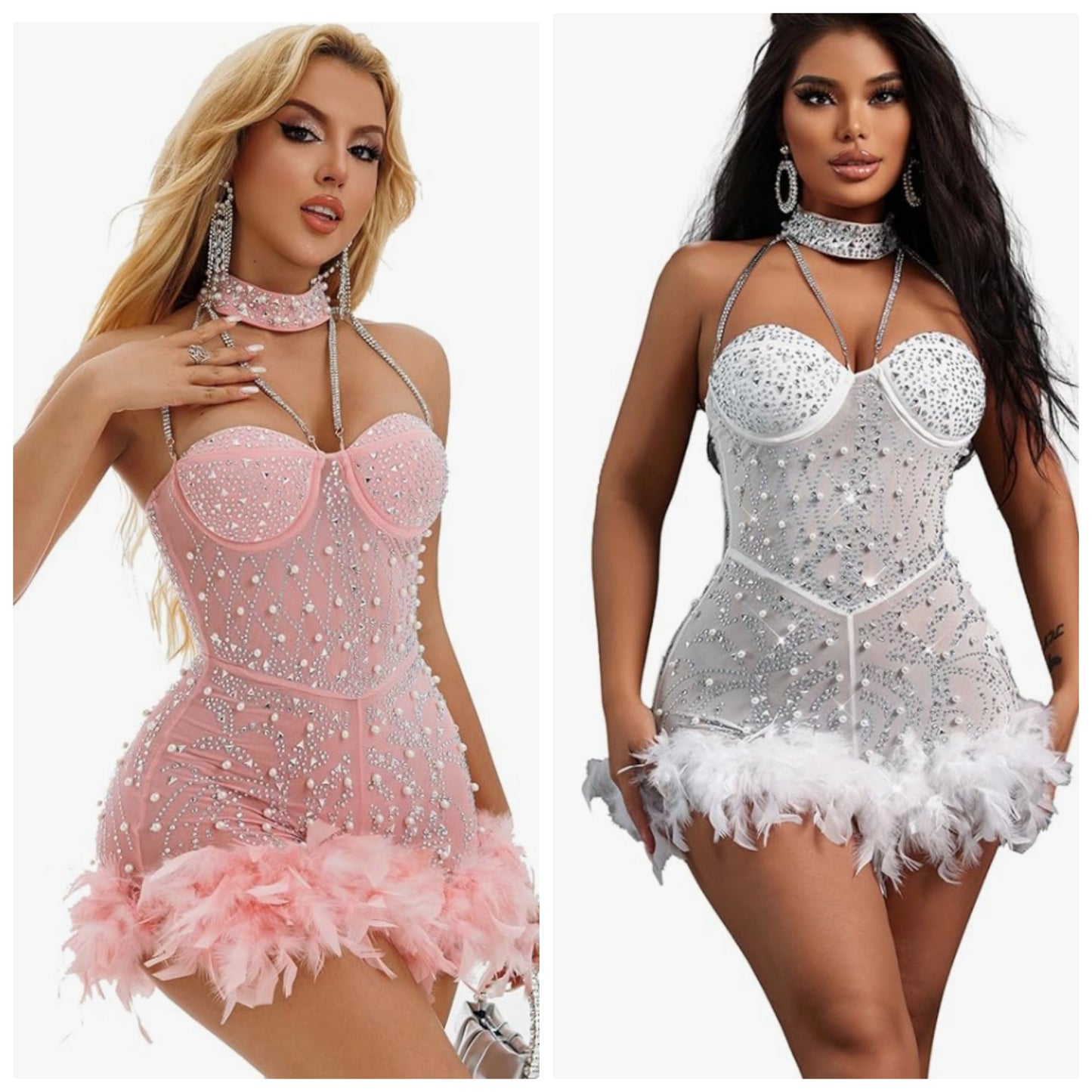 COCOMONEY beaded feather rhinestone mesh sheer sexy dress