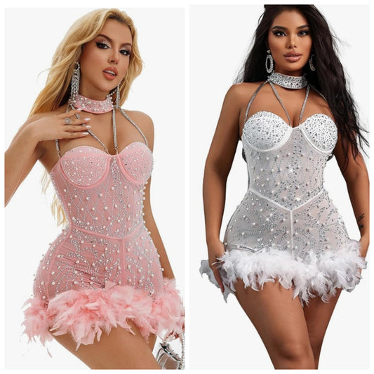COCOMONEY beaded feather rhinestone mesh sheer sexy dress