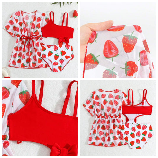 2pcs/Set Baby Girls Swimsuit, Cute Strawberry Print & Bow Decor Swimwear With Sunscreen Cover Up