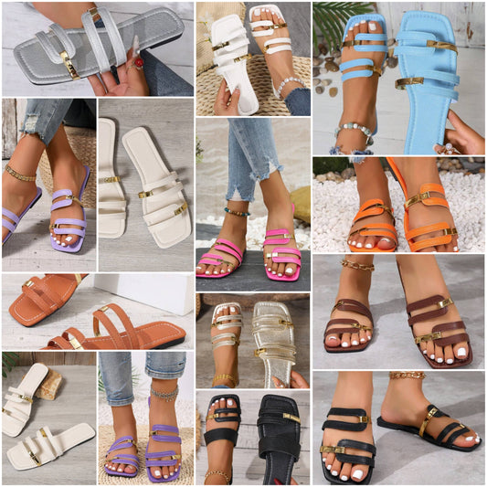 Slip-On Square Toe Flat Anti-Slip Wear-Resistant Gold Stripe Hollow Open Toe Purple Slippers, Match With Dresses, Leggings, Casual Pants, Shorts, Mini Skirts, Slip-On Sandals For Women, Spring, Summer, Autumn,