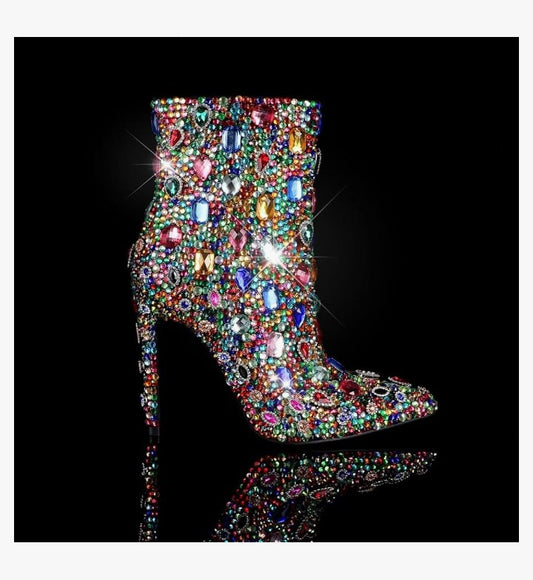Women's Rhinestone High Heel Boots，Glitter Side Zipper Ankle Boots Sparkly Cowgirl Pointed Toe Stiletto Heel Party