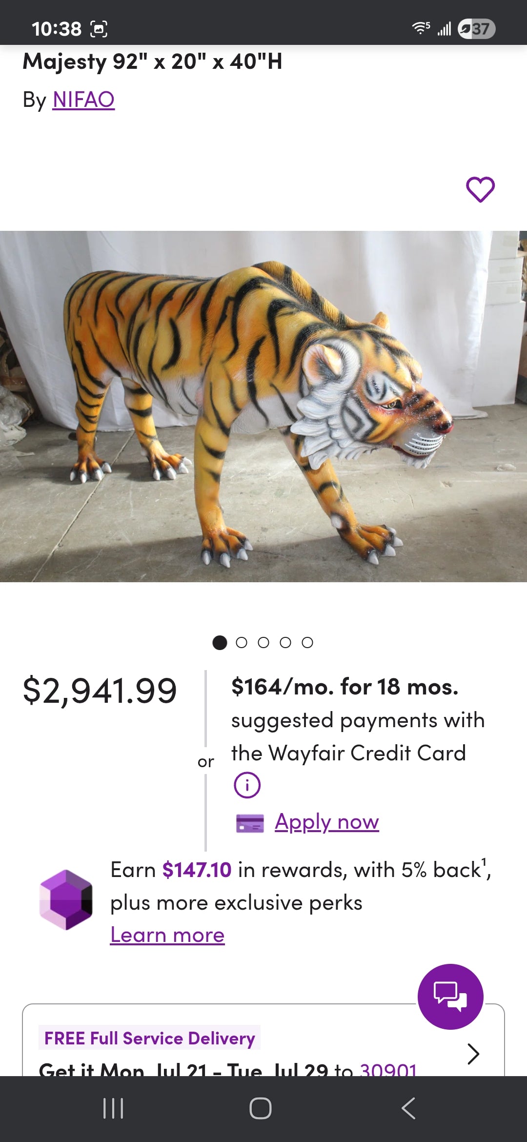Life-size Fiberglass Tiger Statue. Handcrafted and casted, this stunning piece embodies power and grace. Add a touch of the wild to your space with this majestic sculpture. Size: 92"L x 20"W x 40"H. Weight is: 90L