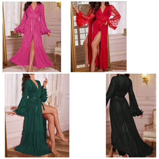3D Floral Mesh Ruffle Hem Loose Fit Robe