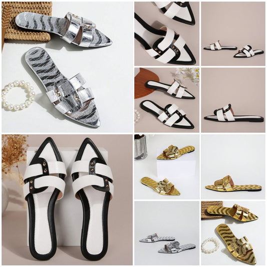 Women's Flat Sandals, Color Blocking Design Pointed Toe Fashion Outdoor Casual Slides, Party & Travel Shoes
