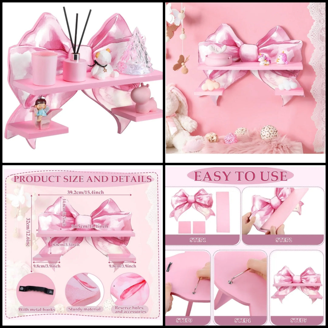 Pink Bow Floating Shelf Wooden Holder Wall Decor Shelf Bedroom Hanging Holder Pink Bow Wooden Floating Bathroom Decor 15.43 x 12.6 Inch for Bedroom Living Room Kitchen Office
