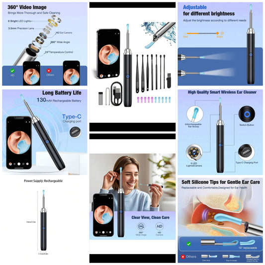 HB Intelligent Visual Ear Scoop, HD Camera Ear Wax Removal Tool, Ear Wax Removal Tool Kit With 6 LED Lights, With Pc Silicon Ear Spoon Head, Type-C Data Cable, Visual Inspection Instrument, Travel Stuff, Party, Birthday, Gifts For Men Mom Dad Friends