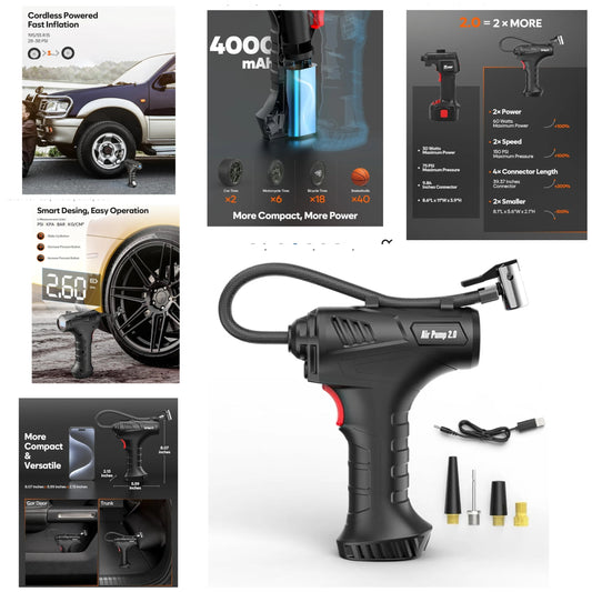 Cordless Tire Inflator, 150PSI Tire Air Compressor Pump with Digital Pressure Gauge, 4000mA Battery Air Compressor with LED and 4 Gas Nozzles, Portable Tire Inflator for Car, Truck, Bike, Ball