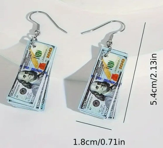 MONEY EARRINGS HUNDRED DOLLAR BILL PAPER MATERIAL