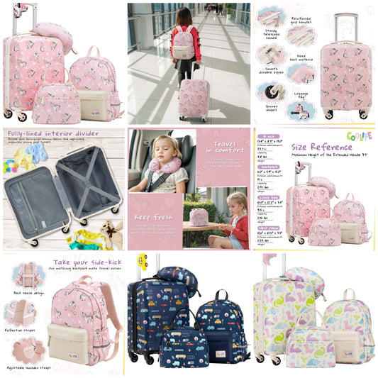 Kid’s Luggage Set 5 Piece Suitcase Set 16’’ Carry on Hardside Spinner Toddler Luggage Travel Rolling Luggage Girls Boys