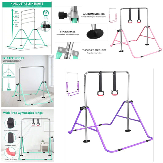 Gymnastics Bar With Rings,Adjustable Height Gymnastic Horizontal Bars,Junior Training Bar Folding Training Monkey Bars For Home Using