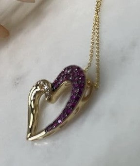 COCOMONEY  1/7 Carat Diamond and 1 Carat Red Ruby Asymmetrical Open Heart Pendant Necklace for Women in 14k Yellow Gold (White, cttw) on 18 Inch Long Chain with Lobster Claw Clasp
