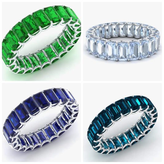 COCOMONEY Natural and Certified Gemstones Wedding Ring in 14K White Gold | Emerald Cut Full Eternity Stackable size 7