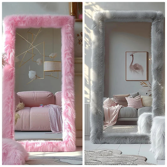 Full Length Mirror 63"x24" Free Standing Furry Floor Mirror Chic Pink Faux Fur Framed Wall Mounted Full Body Mirror Leaning Hanging Wall Mirror for Bedroom Entrance