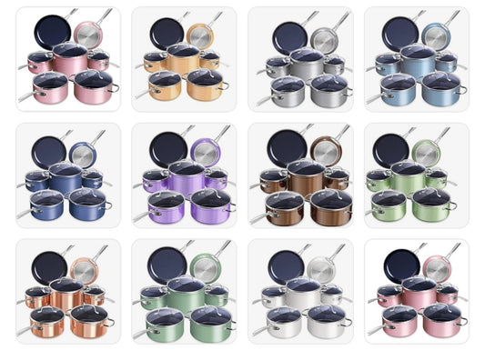 Ceramic Nonstick Cookware Set, Diamond Infused Scratch-Resistant, PFAS Free, Dishwasher & Oven Safe, Induction Ready & Evenly Heats, Tempered Glass Lids & Stay-Cool Handles