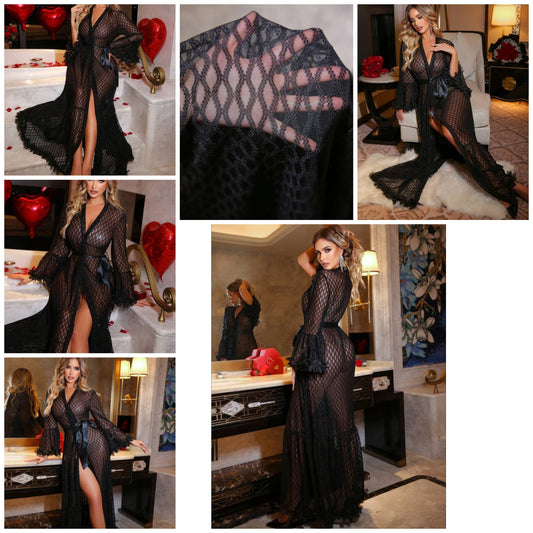 Women's Floral Embroidered Diamond Patterned Long Mesh Robe