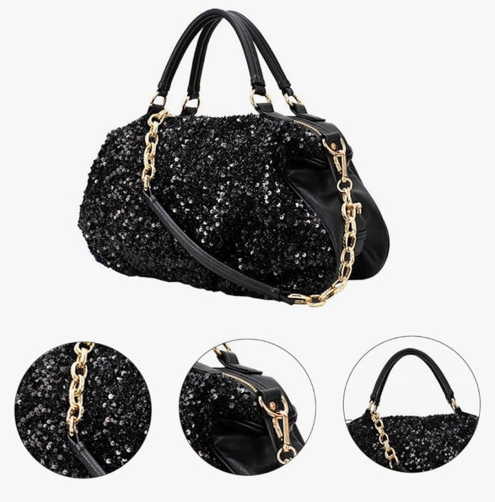 Sequin Tote Over Shoulder Bag for Women Black Tote Purse Hand Bag for Womens Woman Crossbody Bag Crossbody Bags for Women Trendy Ladies Hand Bags Sequins Miss Chic Handbag