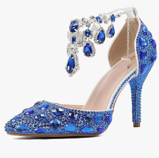Womens Rhinestone Wedding Shoes Party Pumps with Ankle Chains