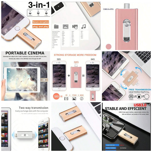 Flash Pen Drive For IPhone/IPad, High Speed USB 3.0 Memory Stick External Storage Thumb Drive With Type-C Adapter For Android Smart Phones, PC,Laptops And More Devices