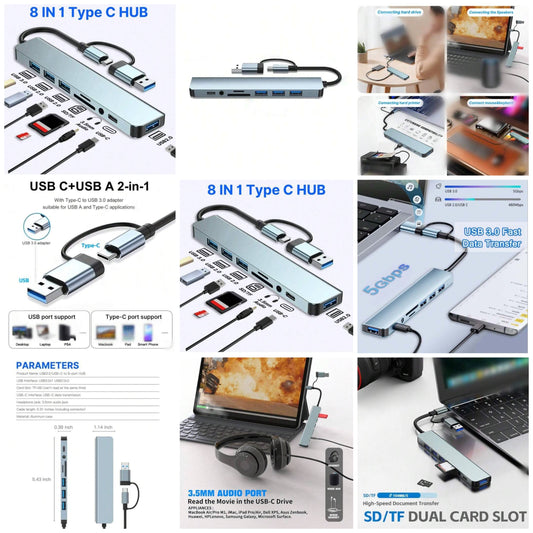 USB C Hub USB Hub 3.0,Aluminum 8 In 1 USB Splitter With 1 X USB 3.0, 3 X USB 2.0 And 1 X USB C, SD/TF Card Reader, 3.5mm Aux Ports For Pro Air And More PC/Laptop/Tablet Devices